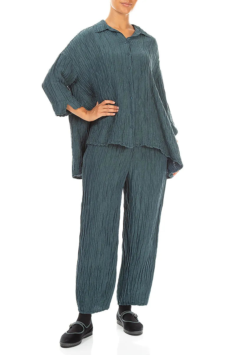 Loose Crinkled Deep Turquoise Silk Linen Shirt 4