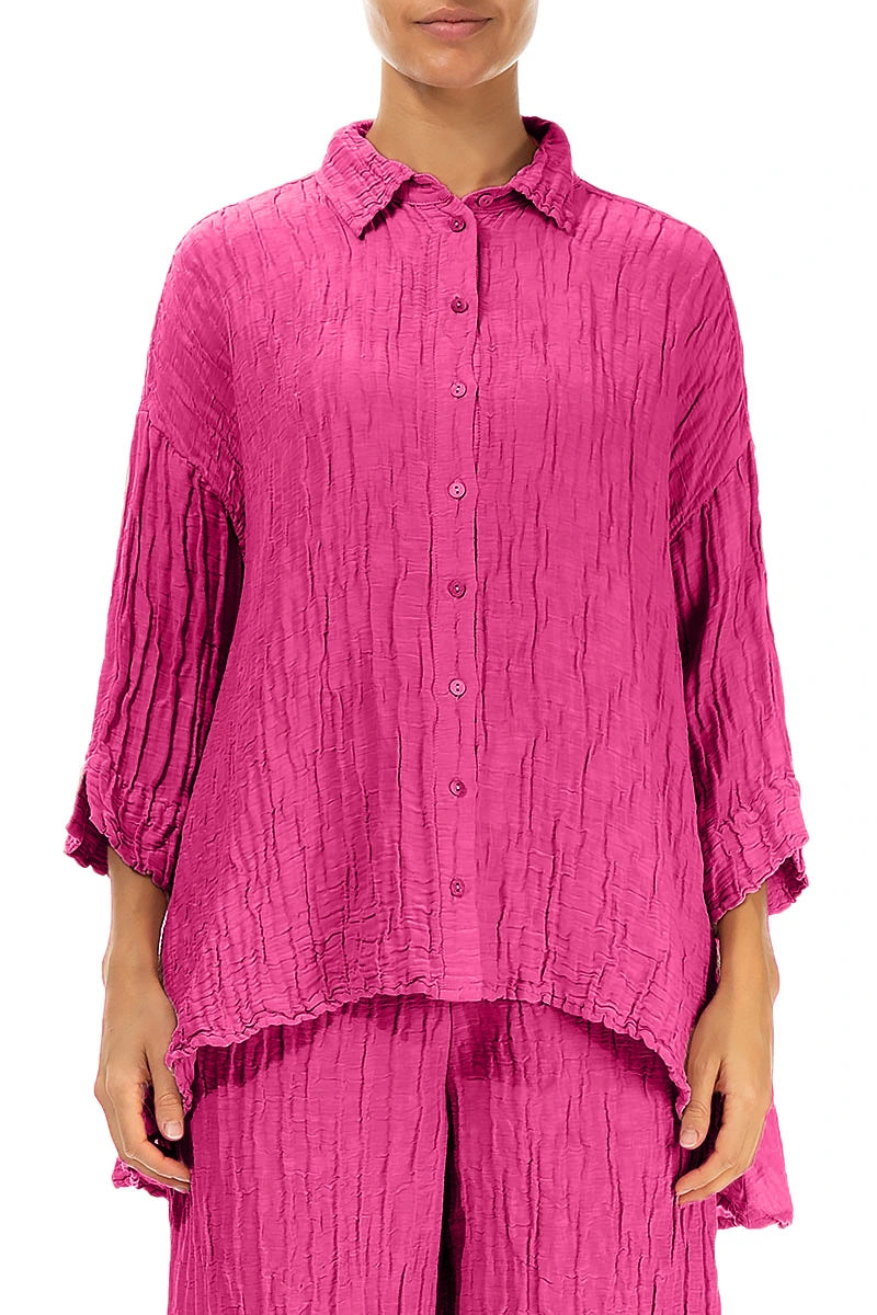 Chemise ample en soie et lin froissé fuchsia
