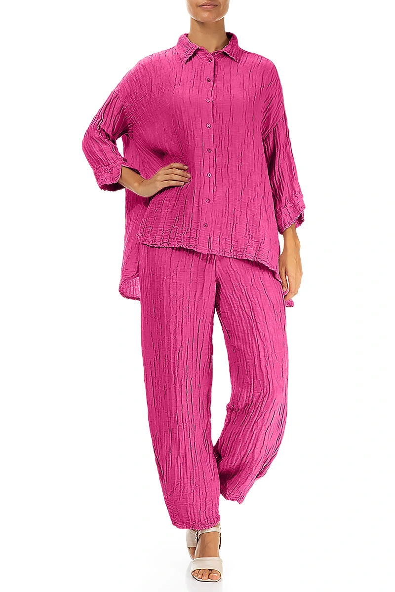 Loose Crinkled Fuchsia Silk Linen Shirt 4