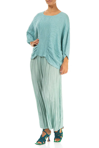 Loose Crinkled Mint Silk Blouse