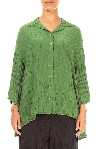 Loose Crinkled Shamrock Green Silk Linen Shirt