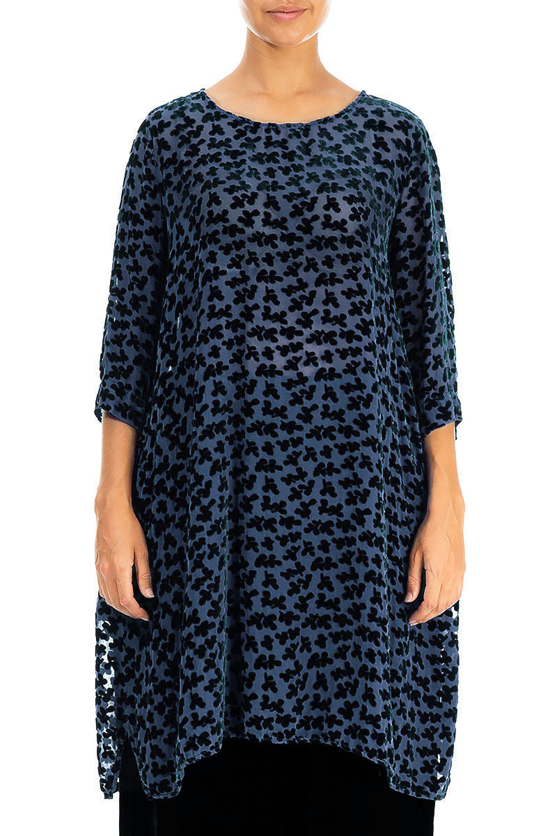 Loose Devoré Petals Royal Blue Silk Velvet Tunic