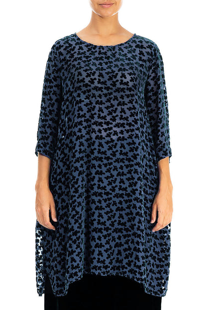 Loose Devoré Petals Royal Blue Silk Velvet Tunic