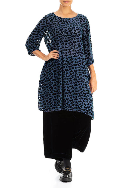 Loose Devoré Petals Royal Blue Silk Velvet Tunic