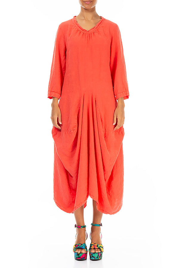 Draped Coral Linen Dress 1