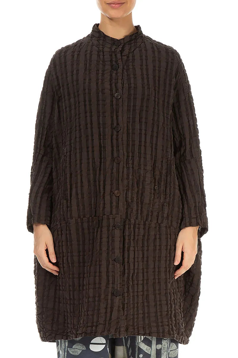 Veste ample en lin et coton à carreaux marron forêt