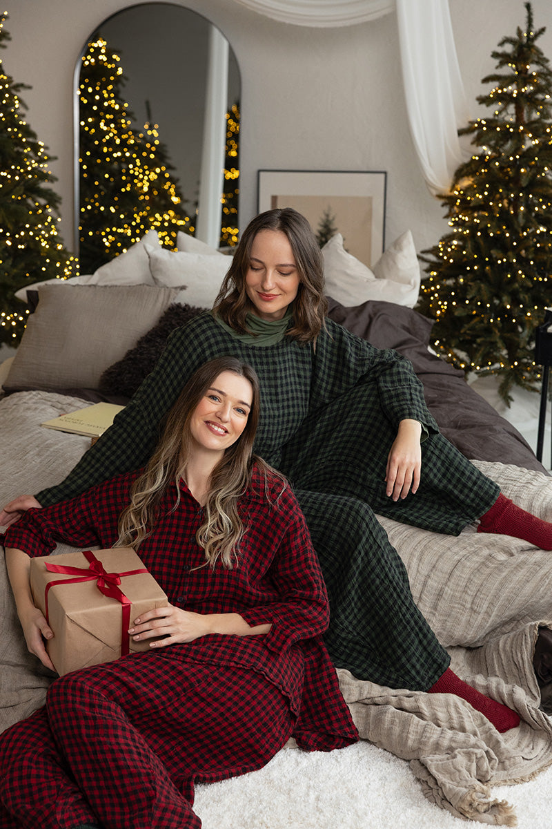 Loose Forest Mist Check Linen Blouse 1