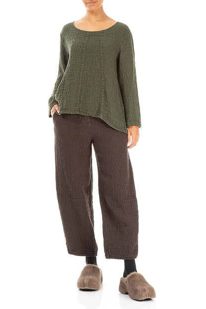 Loose Forest Mist Textured Linen Blouse 4