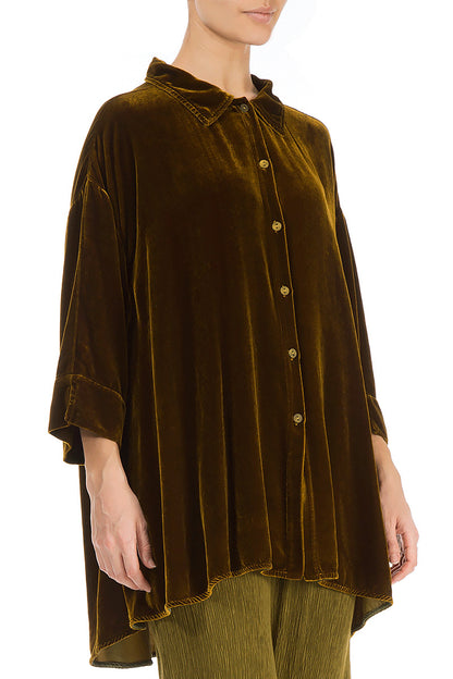 Loose Golden Olive Silk Velvet Shirt 3