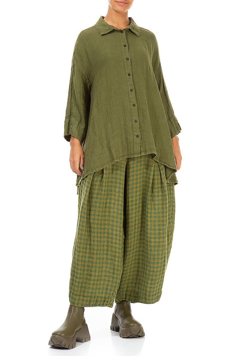 Loose Green Lime Check Linen Trousers 4