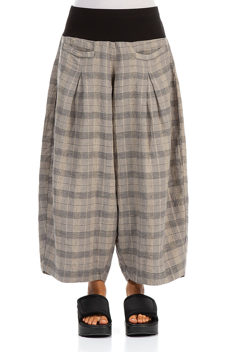 Loose Greige Check Linen Trousers 1