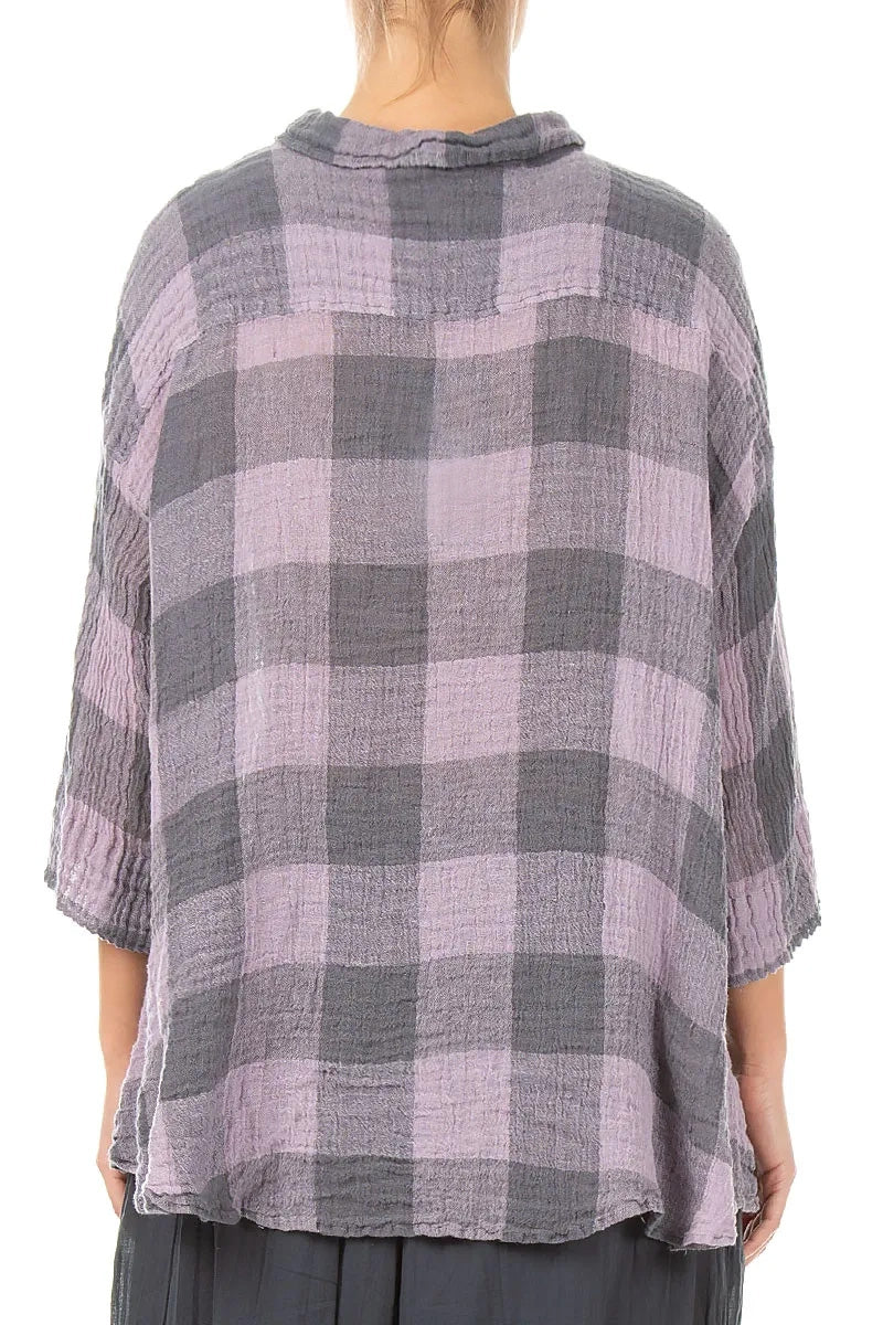 Loose Large Check Lilac Gauze Linen Shirt 2