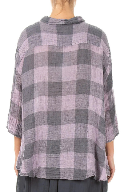 Loose Large Check Lilac Gauze Linen Shirt 2