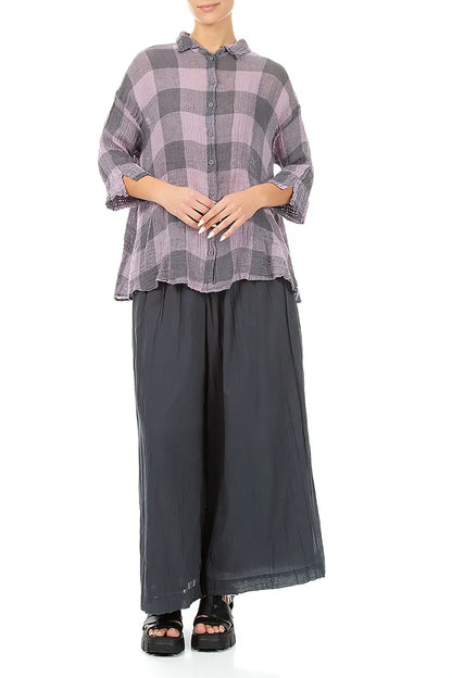 Loose Large Check Lilac Gauze Linen Shirt 4