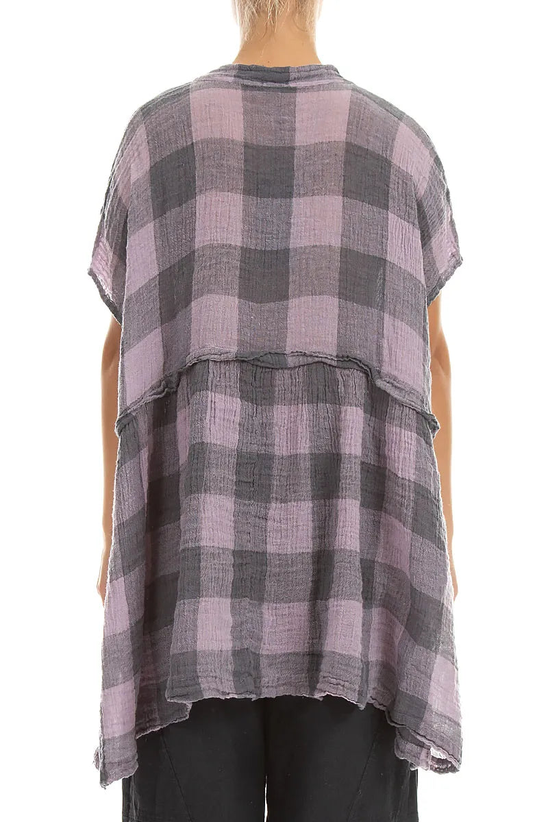 Loose Large Check Lilac Gauze Linen Tunic 2