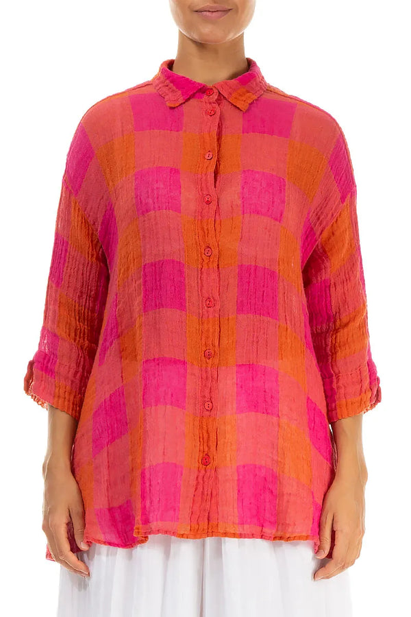 Loose Large Check Pink Orange Gauze Linen Shirt