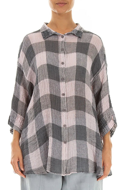 Chemise en lin gaze ample à grands carreaux rose lilas