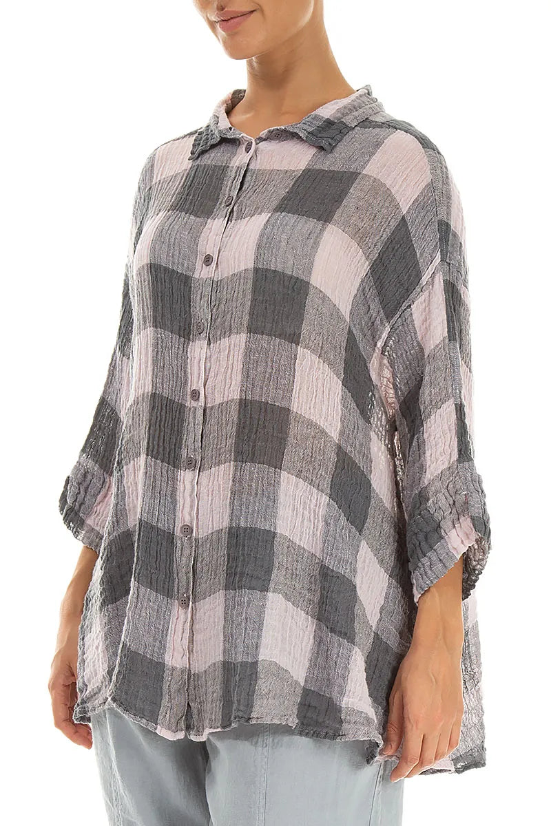 Chemise en lin gaze ample à grands carreaux rose lilas