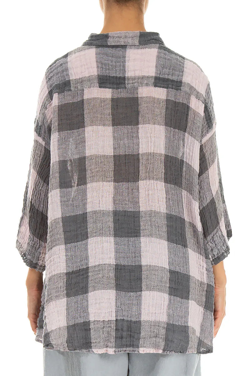 Chemise en lin gaze ample à grands carreaux rose lilas