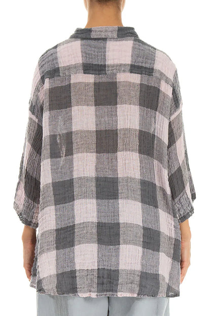 Chemise en lin gaze ample à grands carreaux rose lilas
