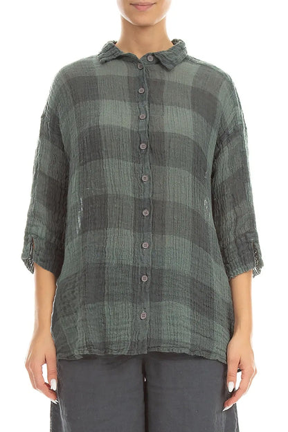 Loose Large Check Sage Gauze Linen Shirt 1