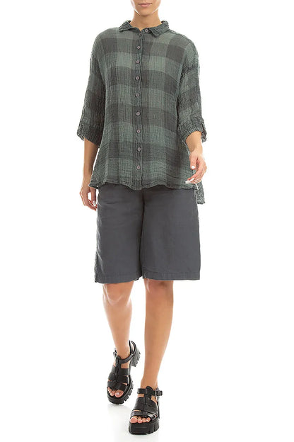 Loose Large Check Sage Gauze Linen Shirt 4