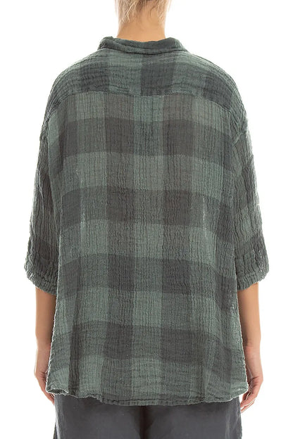 Loose Large Check Sage Gauze Linen Shirt 2