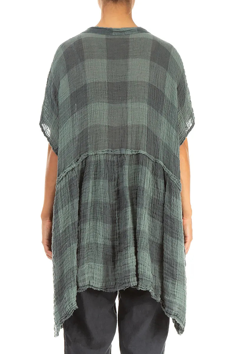 Loose Large Check Sage Gauze Linen Tunic 2