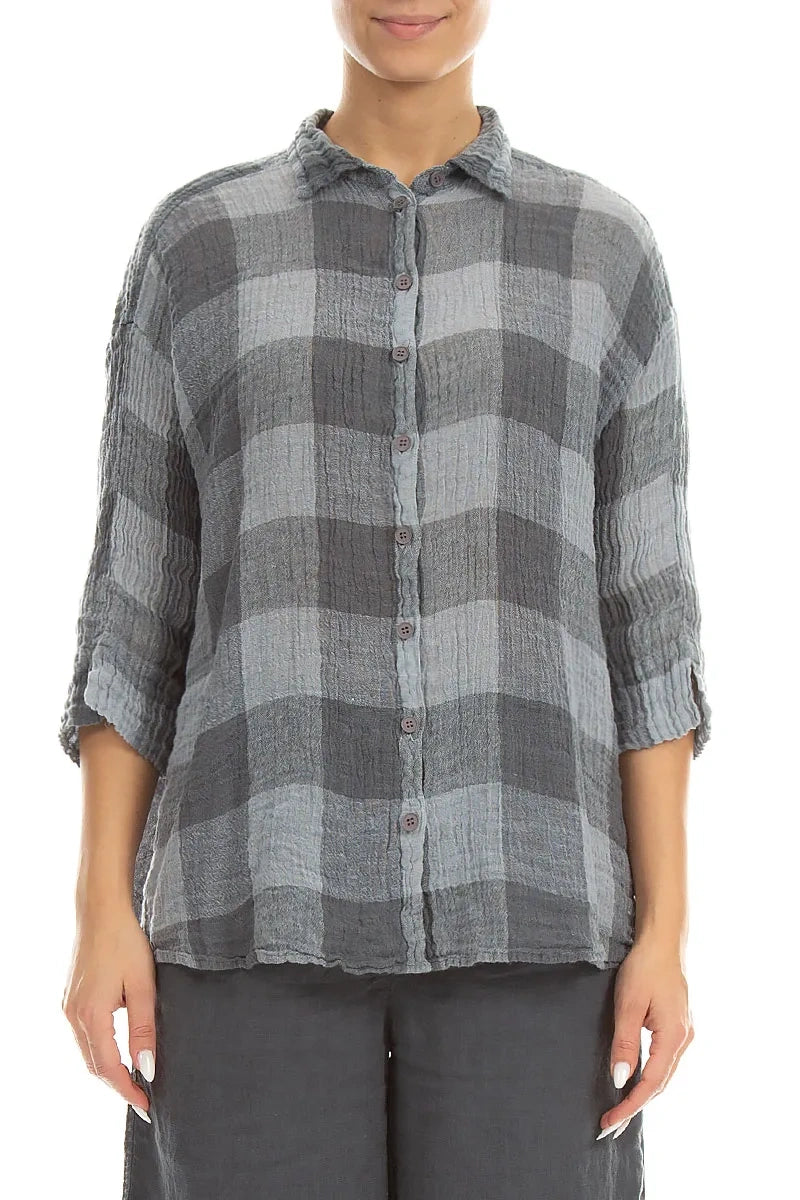 Loose Large Check Silver Grey Gauze Linen Shirt