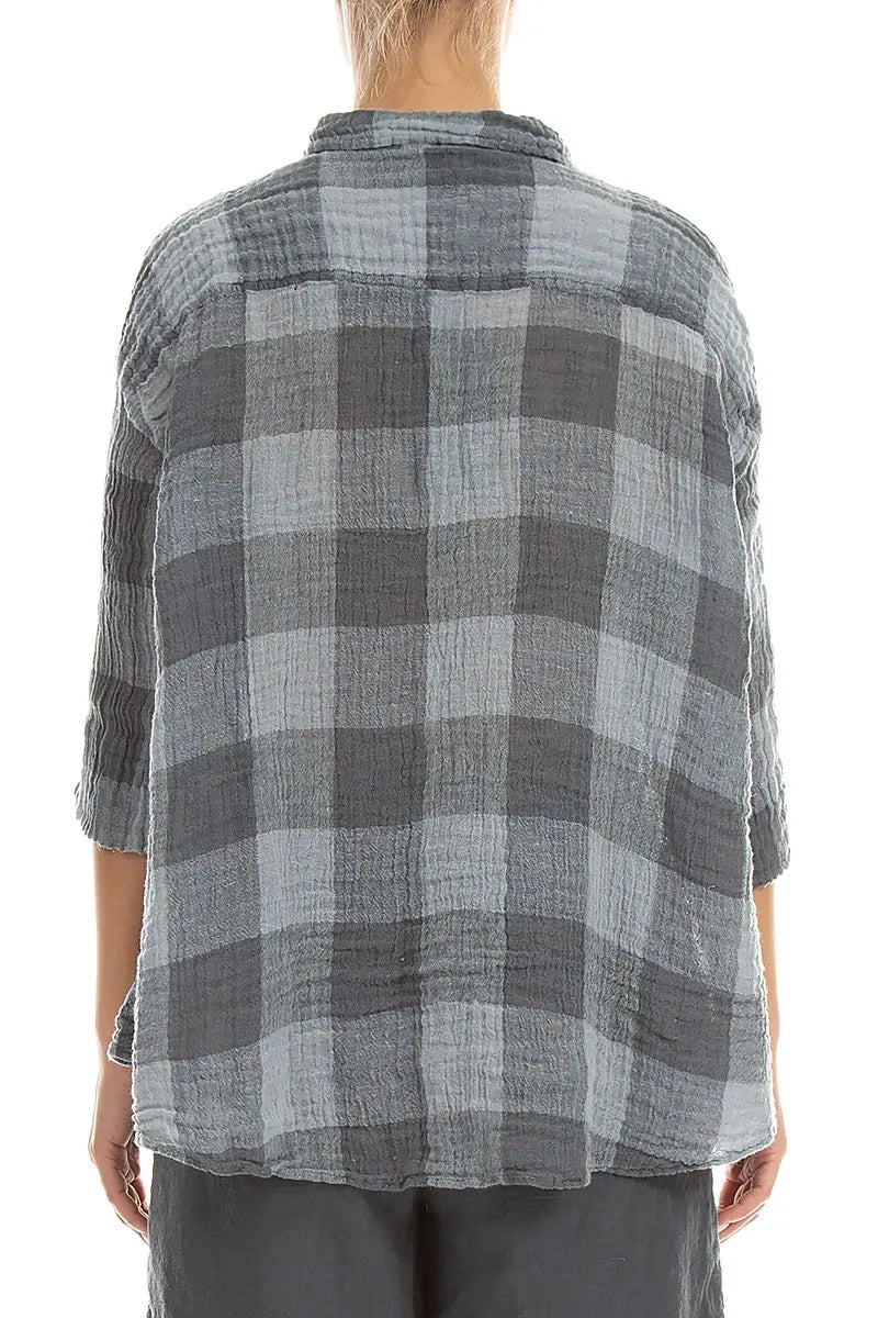 Loose Large Check Silver Grey Gauze Linen Shirt