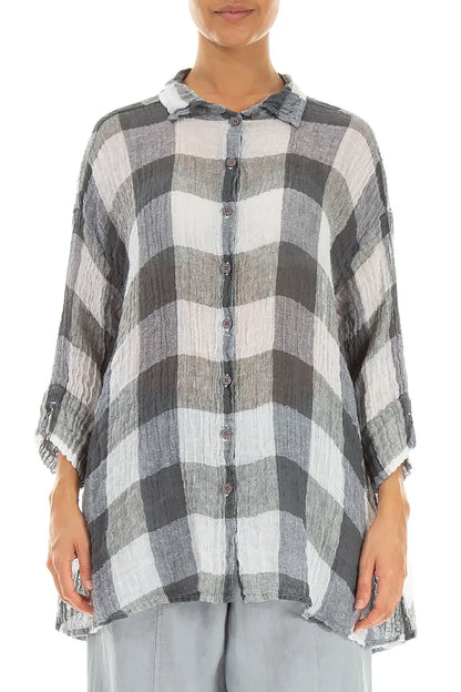 Chemise ample en gaze de lin blanche à grands carreaux
