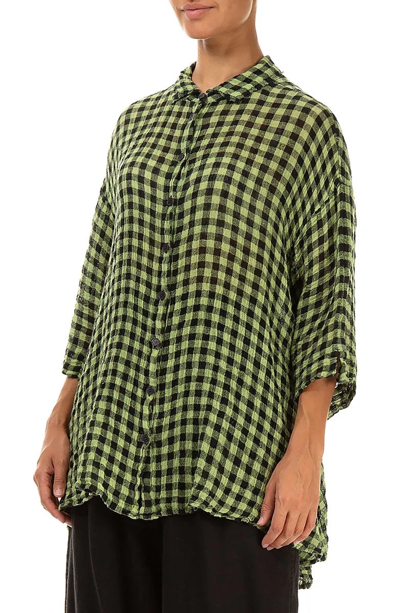 Loose Lime Check Gauze Linen Shirt 3