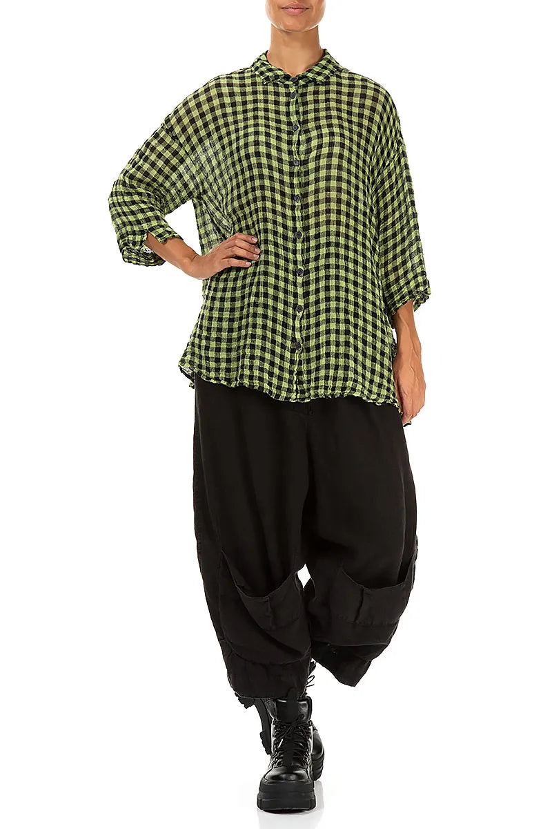 Loose Lime Check Gauze Linen Shirt 4