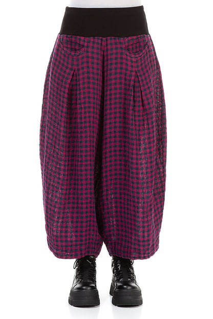 Loose Magenta Check Linen Trousers 1