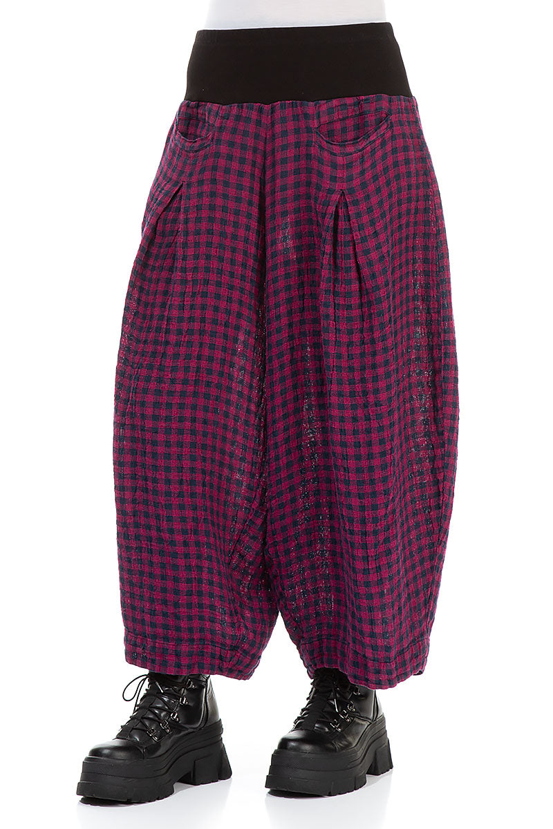 Loose Magenta Check Linen Trousers 3