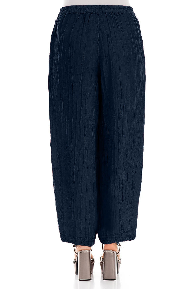 Loose Navy Crinkled Silk Linen Trousers 2