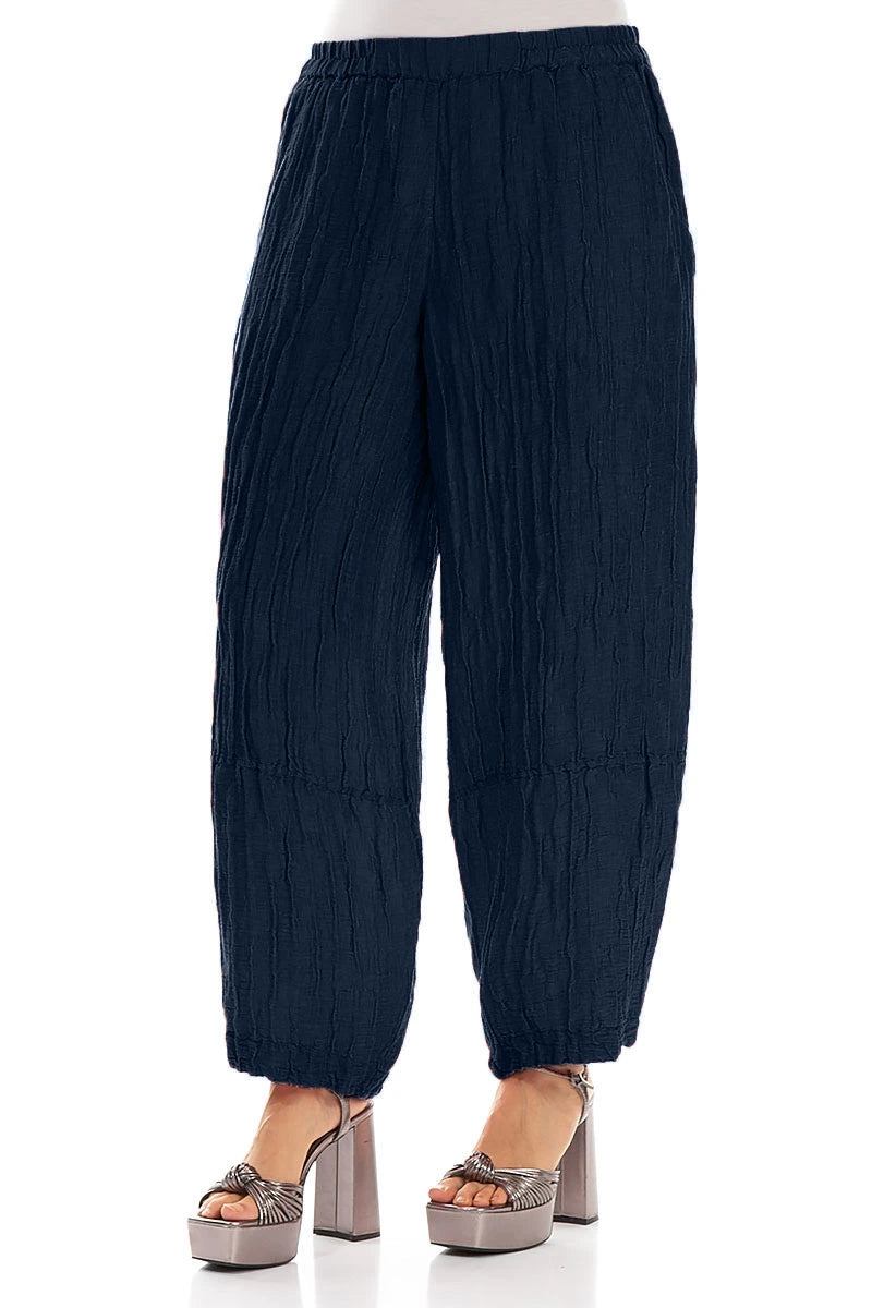 Loose Navy Crinkled Silk Linen Trousers 3