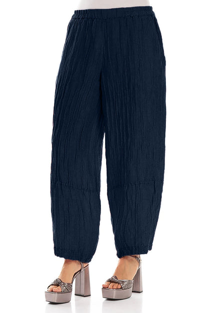 Loose Navy Crinkled Silk Linen Trousers 3