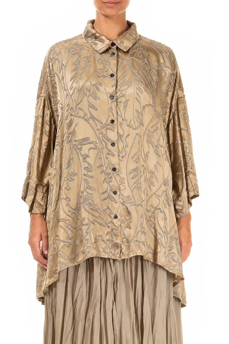 Loose Olive Devoré Feather Silk Shirt 1