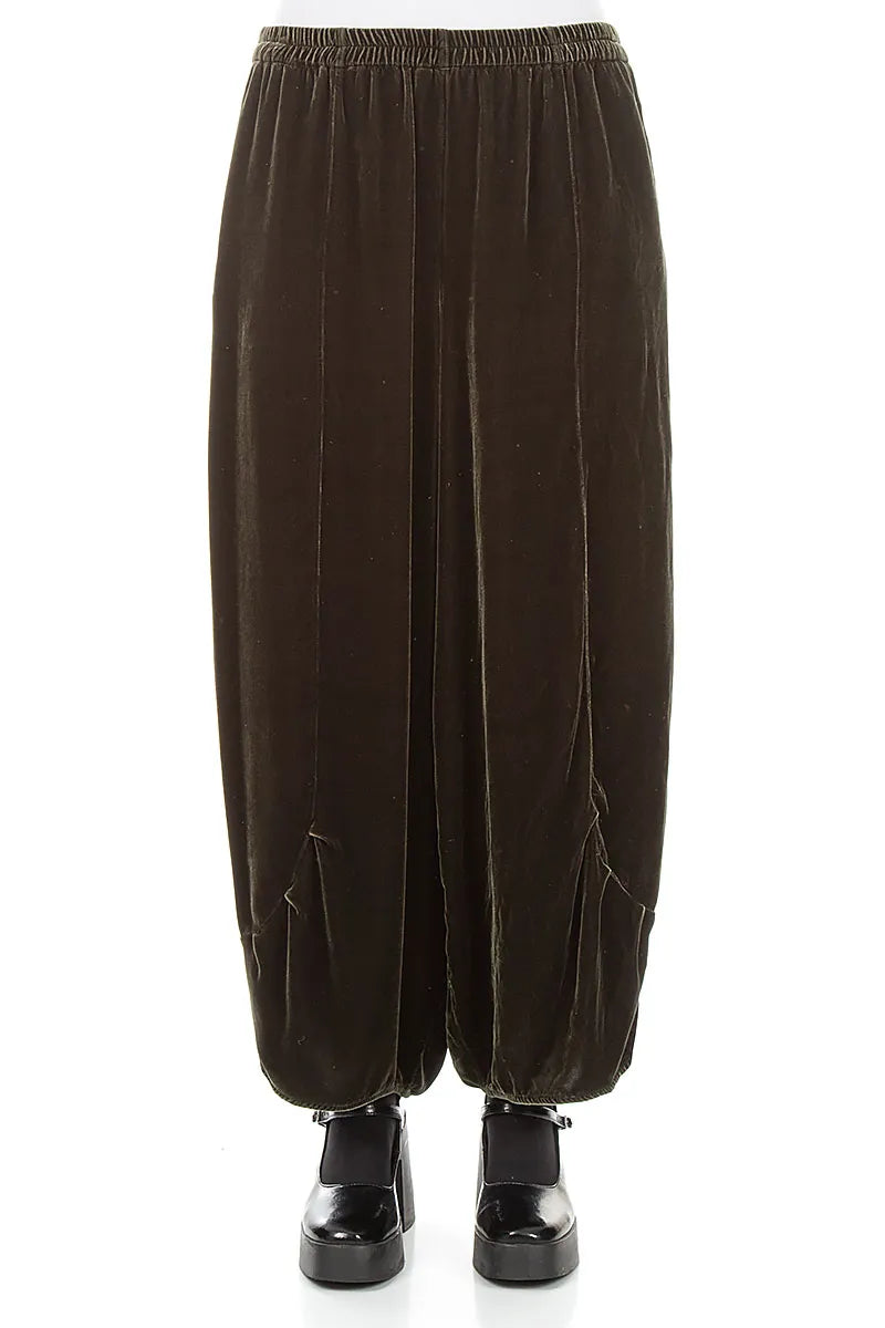 Loose Olive Silk Velvet Trousers 1