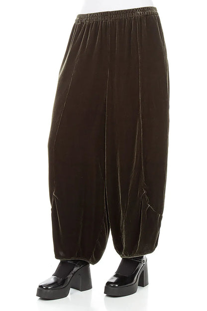 Loose Olive Silk Velvet Trousers 3