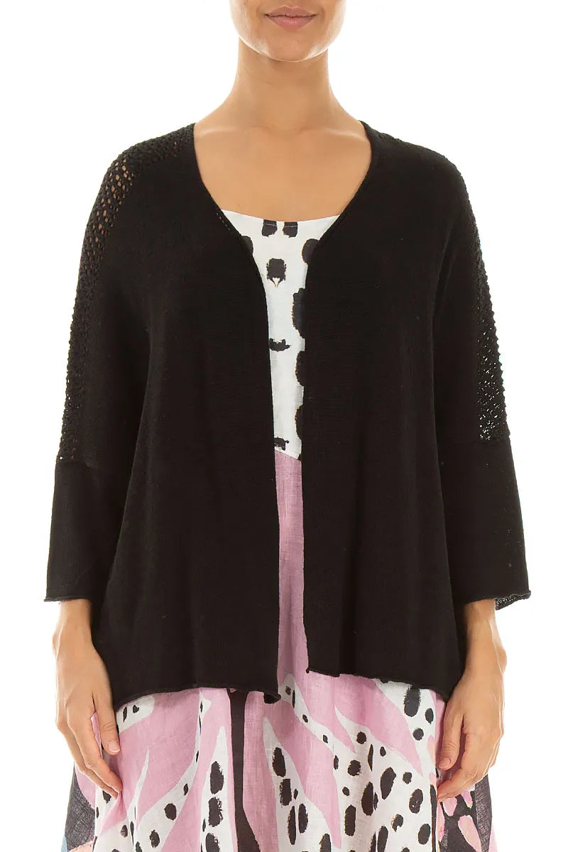 Lockere, durchbrochene schwarze Leinen-Strickjacke
