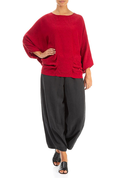 Loose Patterned Red Silk Cotton Blouse 4