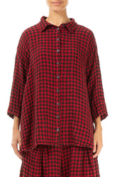 Loose Red Check Linen Shirt 1
