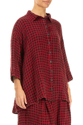 Loose Red Check Linen Shirt 3
