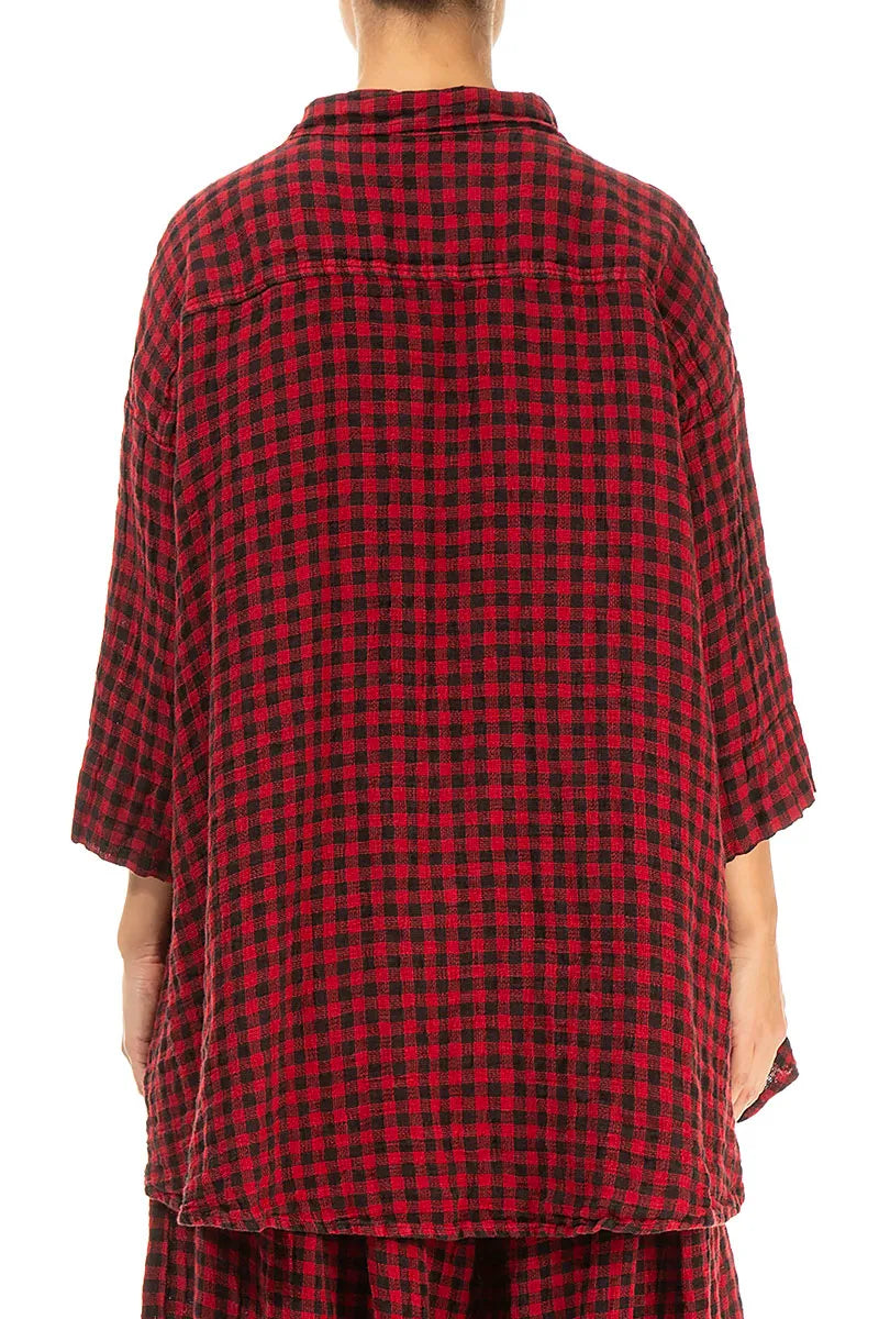 Loose Red Check Linen Shirt 2