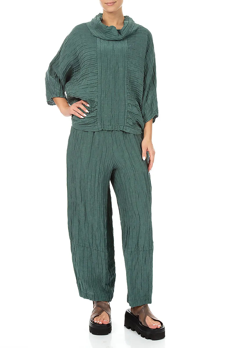 Loose Sage Crinkled Silk Linen Trousers 4
