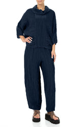 Loose Navy Crinkled Silk Linen Trousers 4