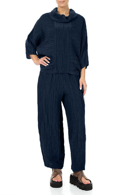 Loose Navy Crinkled Silk Linen Trousers 4