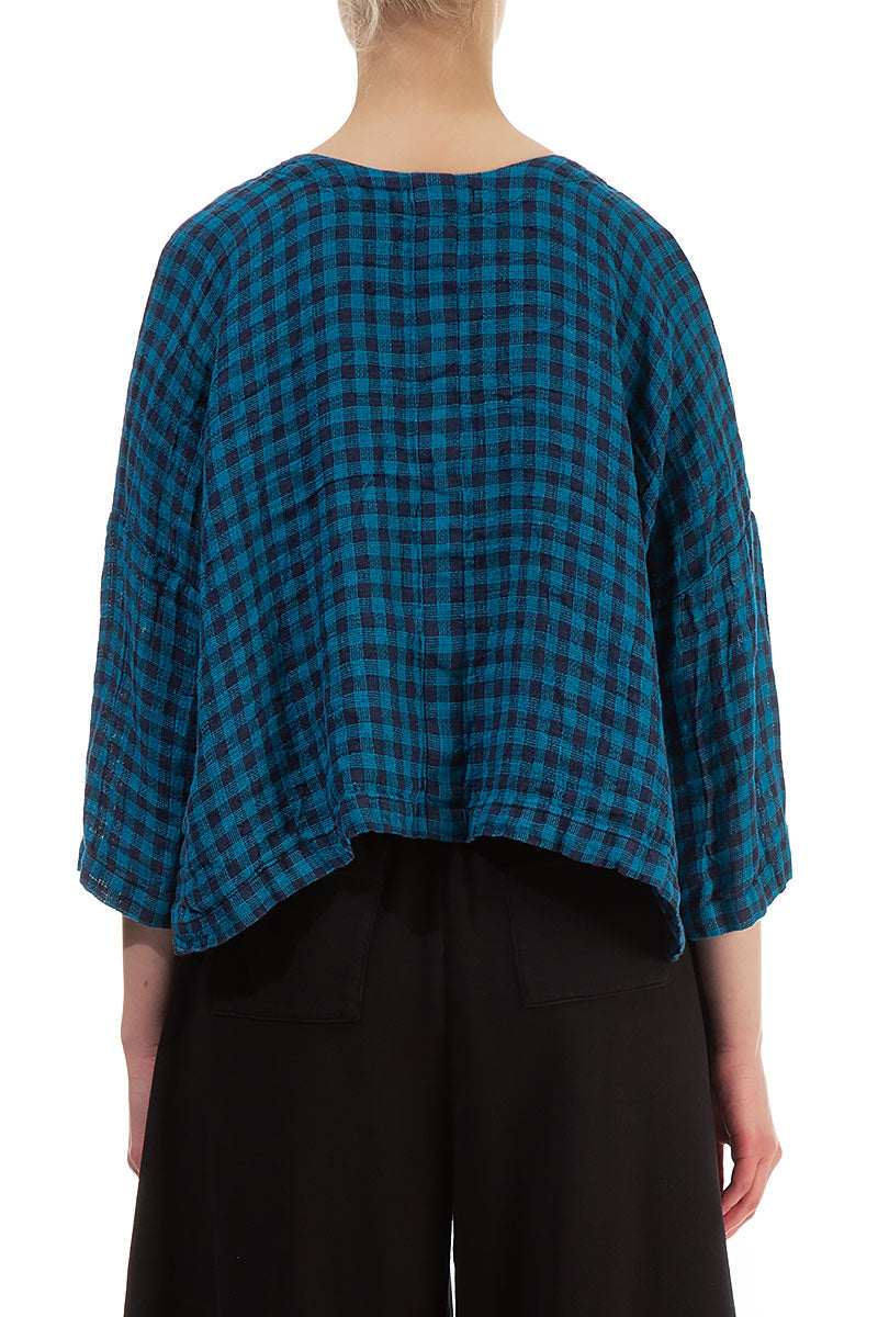 Loose Short Blue Check Linen Jacket 2